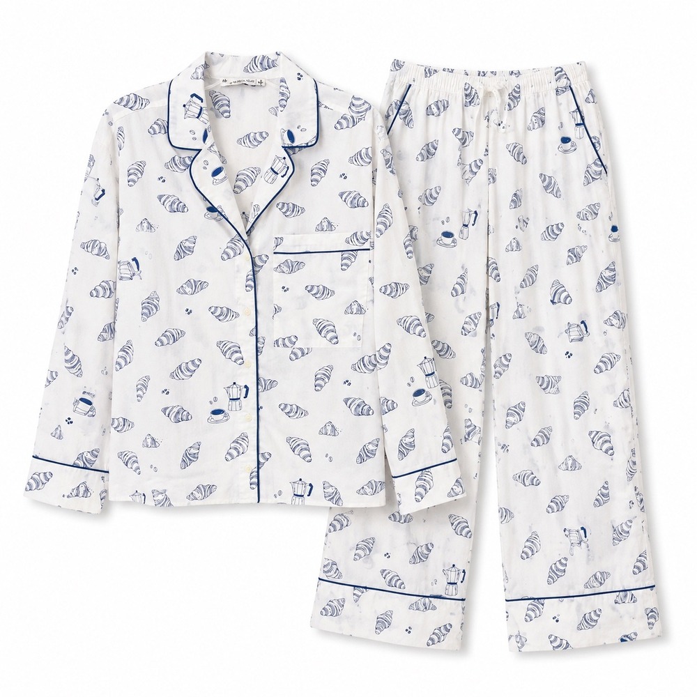 Abercrombie & Fitch Pajama Set White Blue Croissant Coffee Women Size S